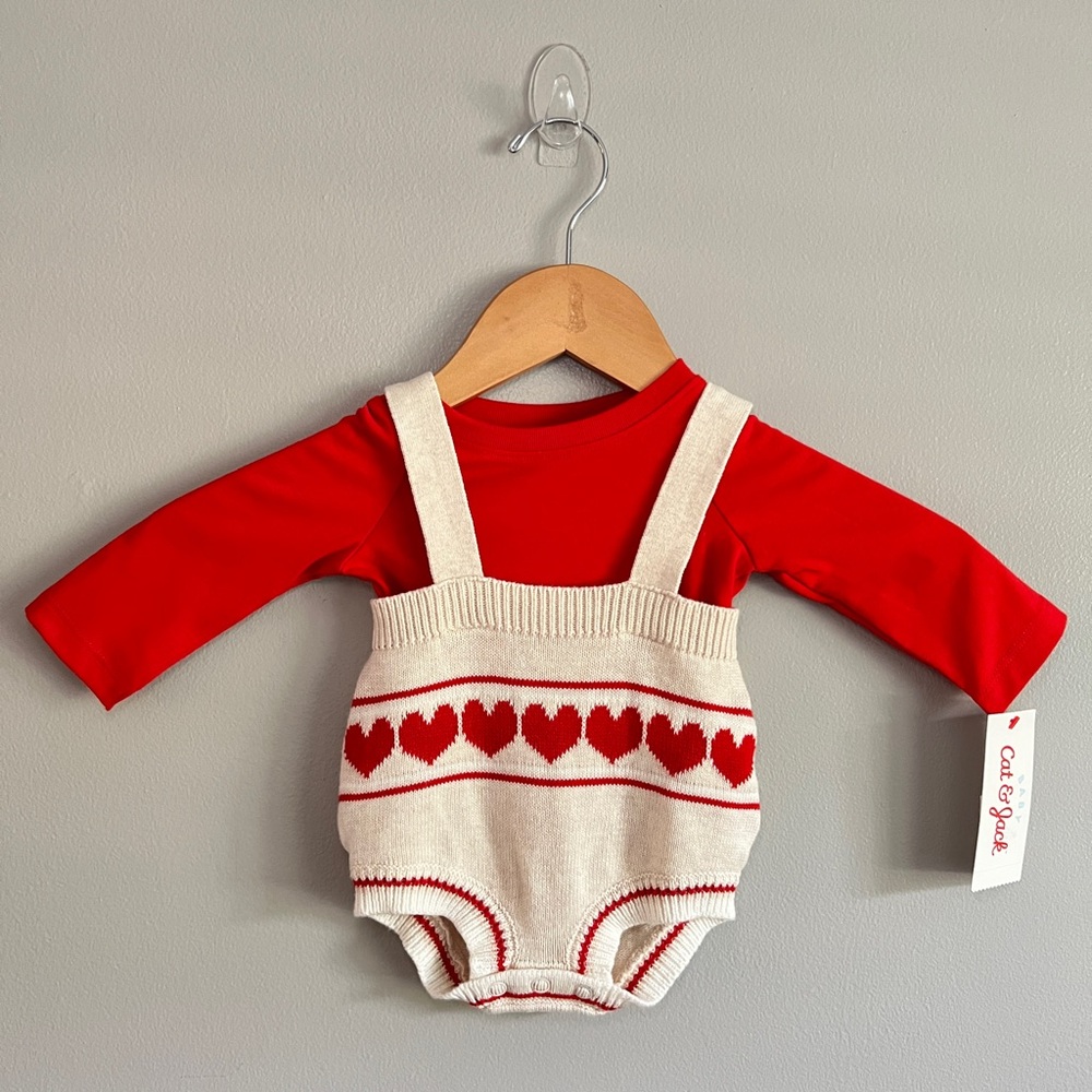 Cat & Jack Red long sleeve and Cream Knit romper overall NB NWT